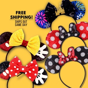 Classic minnie mickey mouse ears, character ears, magic, mickey ears, movie inspired ears, disneyworld ears, polka dot bow, free shipping!