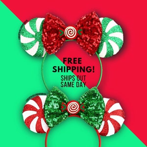 Christmas mickey lollipop peppermint ears, minnie mouse, candy cane, mickey&#39;s very merry holiday party ears, disney ears free shipping!