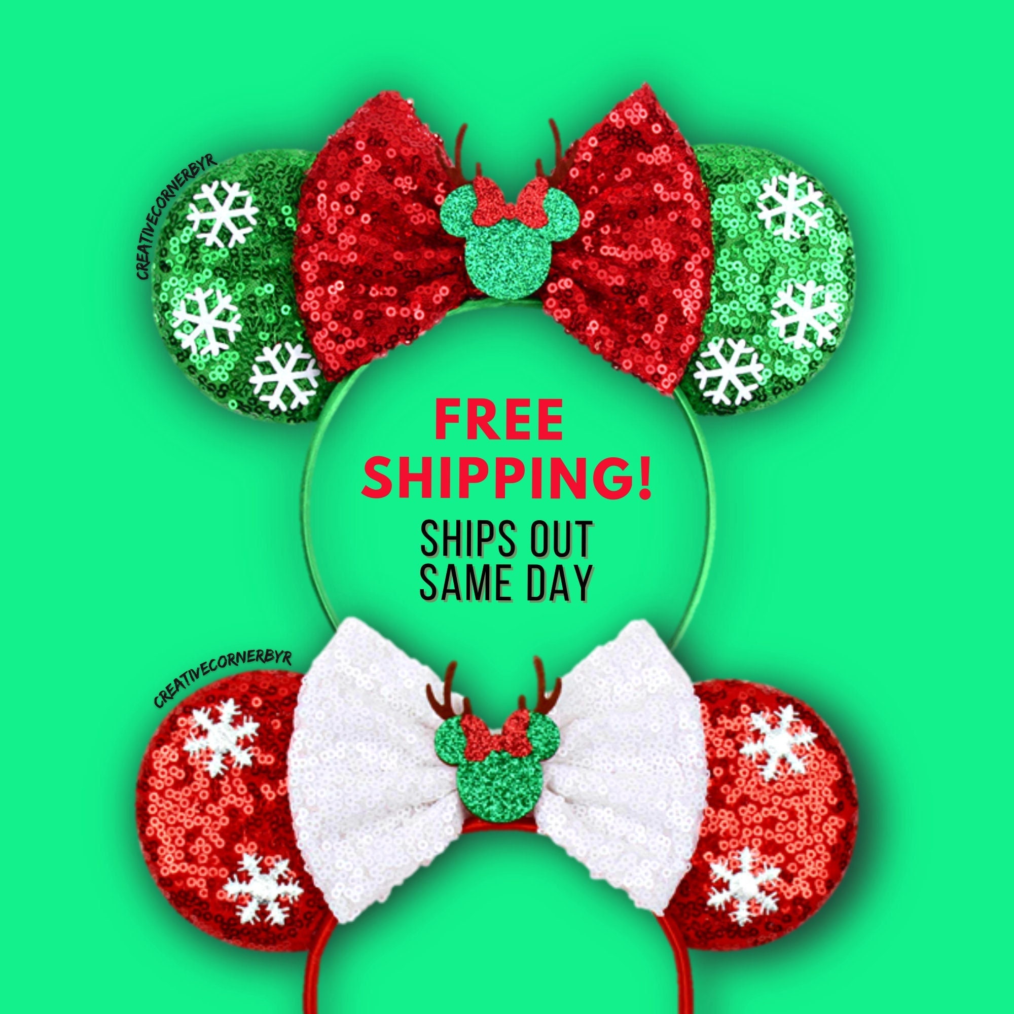 Disney Parks Christmas Minnie Ears Red Snowflake Green Sequin Bow ? Christmas Red Sequin Snowflake Minnie Ears | Green / White  main image 4
