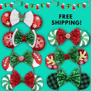 Christmas minnie mouse ears, mickey mouse, holiday lollipop, reindeer, snowflake, plaid, peppermint candy, very merry party, free shipping!