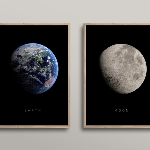 Set of 2 Planet Prints, Space Wall Art, Solar System Poster, Planet Prints, NASA Prints, Earth and Moon Prints, Planet Set, Printable Earth