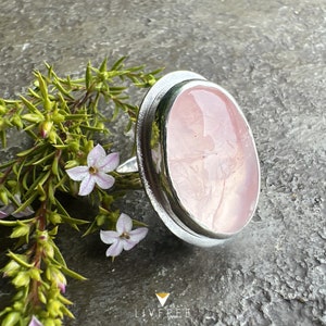 Radiant Oval Rose Quartz Ring. Fine Silver. Sterling Silver. Size 7.5. Crystal For Love Friendship Self Love. Spring Jewelry.