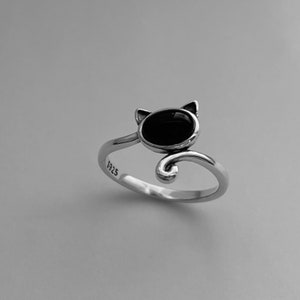 Sterling silver Black Agate cat ring, Black Agate ring, cat ring, dainty ring, silver cat ring, silver Black Agate ring