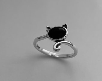 Sterling silver Black Agate cat ring, Black Agate ring, cat ring, dainty ring, silver cat ring, silver Black Agate ring