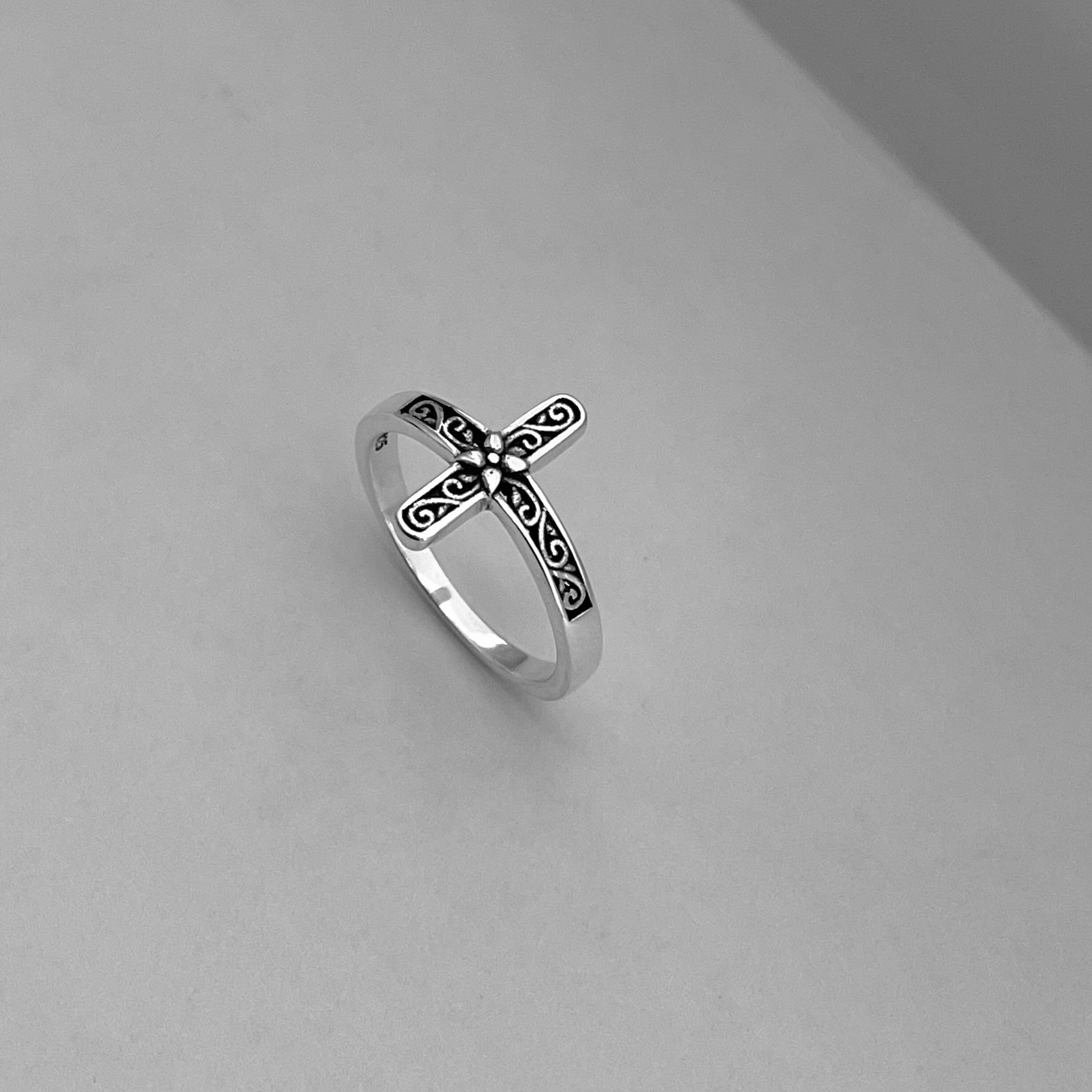 Sterling Silver Filigree Cross Ring With Flower, Cross Ring