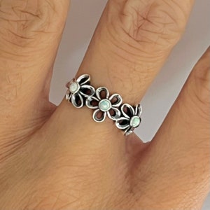 Sterling silver white lab opal flower ring, white opal flower ring, flower ring, silver flower ring, white opal ring, silver white opal ring