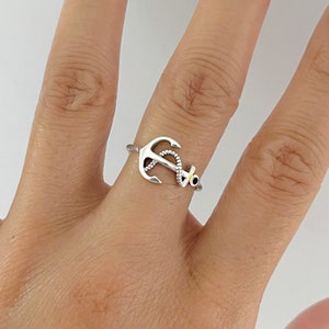Sterling silver anchor with rope ring, anchor ring, anchor with rope ring, silver anchor ring, silver rope ring