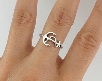 Sterling silver anchor with rope ring, anchor ring, anchor with rope ring, silver anchor ring, silver rope ring