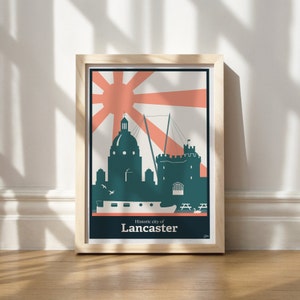 Lancaster Travel Poster / Impresiones de viaje hechas en el Reino Unido / Inspiración para la decoración de paredes / Marcos de roble colgantes