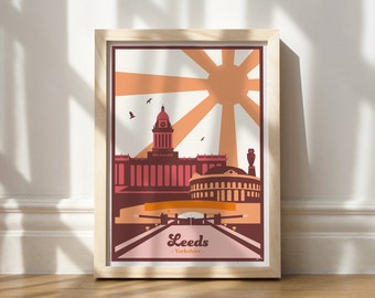 Leeds Poster | Retro Travel Poster | Europe Travel Poster Set | Travel Poster Set | Sunset Poster | Designer Wall Art | 3 Piece Wall Art