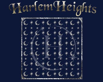 May include: A silver and blue square design with a repeating pattern of stars and crescent moons. The letter "H" is in the center of the design. The text "Harlem Heights" is above the design.