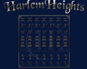 May include: A sheet of black and silver Halloween nail decals with a variety of designs, including skulls, bats, witches, cats, tombstones, and spiders.