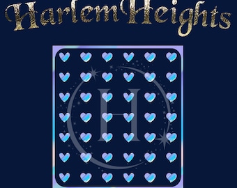 May include: A square design with a large letter H in the center. The background is dark blue and the letter H is made of a light blue and white gradient. The square is surrounded by a border of small, light blue and white hearts.