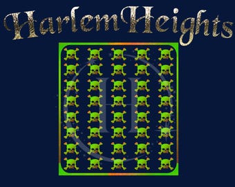 May include: A green square with a pattern of green skulls with white crossbones on a dark blue background. The text "Harlem Heights" is in gold glitter letters above the square.