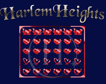 May include: A sheet of 24 red and pink nail decals with various designs, including hearts, the word "love", and trains. The sheet is labeled "Harlem Heights".