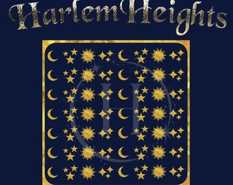 May include: A gold square with a repeating pattern of moons, stars, and suns on a dark blue background. The text "Harlem Heights" is above the square.