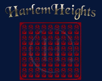 May include: Red square with a pattern of red envelopes with white hearts on a dark blue background. The text "Harlem Heights" is written in gold above the square.