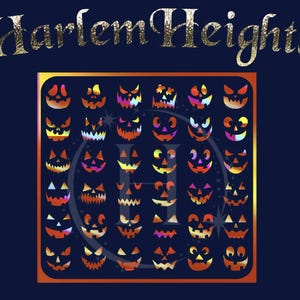 May include: A square grid of 36 colorful jack-o'-lantern faces with different expressions. The background is a dark blue color and the grid is outlined in orange.
