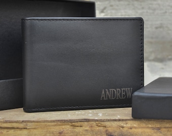 Black Leather Wallet for Men Engraved Leather Wallet Custom Wallet Personalized Christmas Wallet Gifts for Him Gift for father dad son gifts