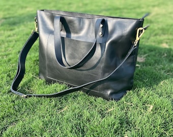 Black leather tote purse bag for women large work bag tote laptop teachers tote ladies handbag gifts for her Personalized full grain leather