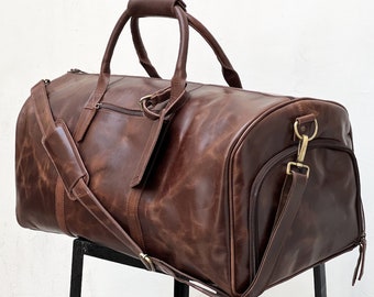Personalized Leather Duffel Bag: 24" Weekender Travel Bag with Shoe Compartment