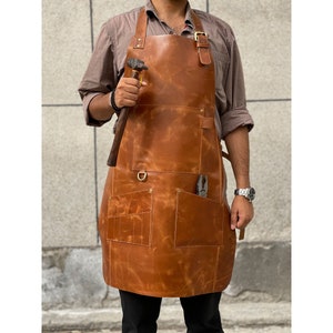 Brown leather apron for men grilling BBQ barbecue apron blacksmith apron woodworker apron Chef apron Kitchen crafts work aprons Personalized