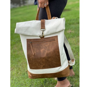 Canvas leather roll top backpack for men women travel canvas bag overnight bag christmas laptop 17&quot; 16 inch bag rucksack personalized custom