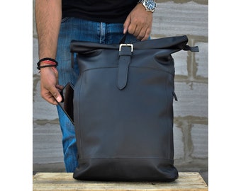 Black leather backpack men computer roll top backpack college bags travel rucksack 15 inch laptop bag 17&quot; leather gifts for him personalized