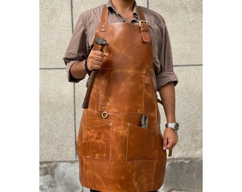 Brown leather apron for men grilling BBQ barbecue apron blacksmith apron woodworker apron Chef apron Kitchen crafts work aprons Personalized