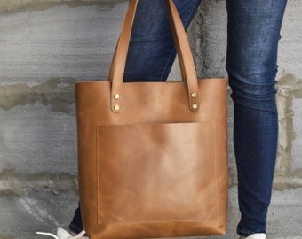 Personalized Leather Tote Bag: Large Handmade Work Purse