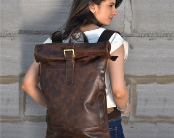 Leather rolltop backpack women men leather backpack large leather rucksack handmade laptop backpack gift for her gift for him brown 17" inch
