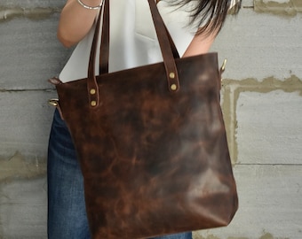 Brown leather tote bag for woman large work purse shopper bag handmade office bag gift for mothers day gift for mom girlfriend personalize