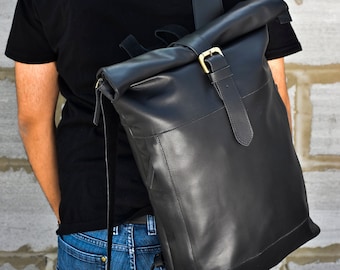 leather rolltop backpack rucksack 15 inch laptop bag women large roll down 16&quot; 13&quot; computer personalized gift for her him 17&quot; inch christmas