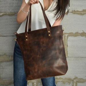 Brown leather tote bag for woman large work purse shopper bag handmade office bag gift for mothers day gift for mom girlfriend personalize image 1