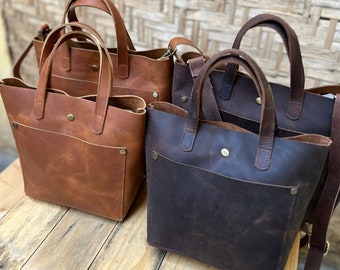 Personalized Leather Mini Tote Bag: Handmade Crossbody Purse, Gift