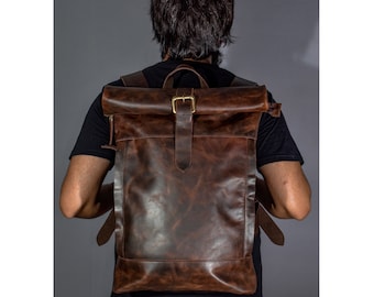 leather backpack men leather rucksack college Roll top backpack gift him personalized birthday women brown 16" inches 15" laptop computer