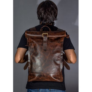 leather backpack men leather rucksack college Roll top backpack gift him personalized birthday women brown 16&quot; inches 15&quot; laptop computer