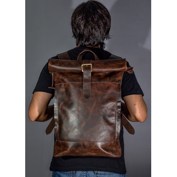 leather backpack men leather rucksack college Roll top backpack gift him personalized birthday women brown 16" inches 15" laptop computer