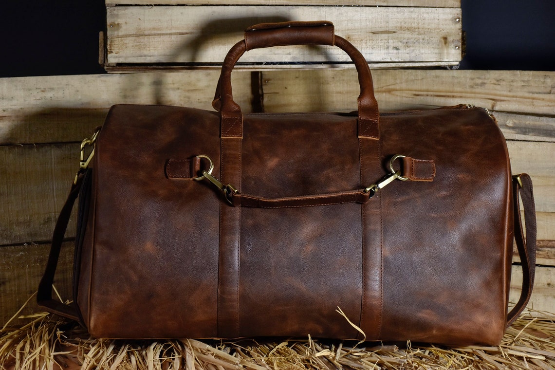 Leather weekender bag men duffel with shoe compartment leather | Etsy