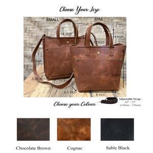 The leather shopper bag comes in two sizes - small and mini.
SIZE MINI-
Height: 9 inches
Top Width : 12 inches
Bottom Width : 8 inches 
Depth: 4.5 inches
SIZE SMALL-
BOTTOM WIDTH - 11 INCHES
TOP WIDTH - 14 INCHES
DEPTH- 5.25 INCHES
HEIGHT- 10 INCHES.