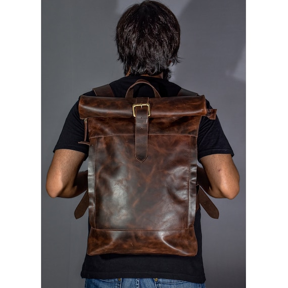 Leather rolltop backpack women men leather backpack large leather rucksack handmade laptop backpack gift for her gift for him brown 17 inch Etsy