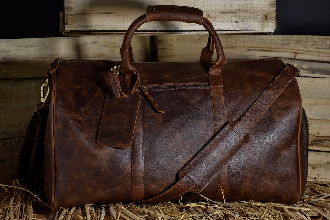 Leather Duffel Bag With Shoe Compartment Men Weekender | Etsy UK