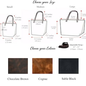May include: Diagram showing three sizes of tote bags with measurements in inches and centimeters. The tote bags are available in three colors: chocolate brown, cognac, and sable black. The strap is adjustable from 43 to 55 inches (110 to 139 centimeters).