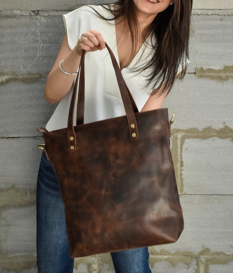 Brown leather tote bag for woman large work purse shopper bag handmade office bag gift for mothers day gift for mom girlfriend personalize image 1