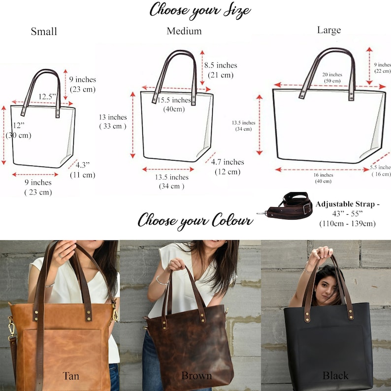 K&ouml;nnte beinhalten: Drei Ledertaschen in den Farben Tan, Braun und Schwarz mit verstellbaren Trageriemen. Die Taschen sind in drei Gr&ouml;&szlig;en dargestellt: klein, mittel und gro&szlig;. Die Ma&szlig;e sind in Zoll und Zentimetern angegeben.