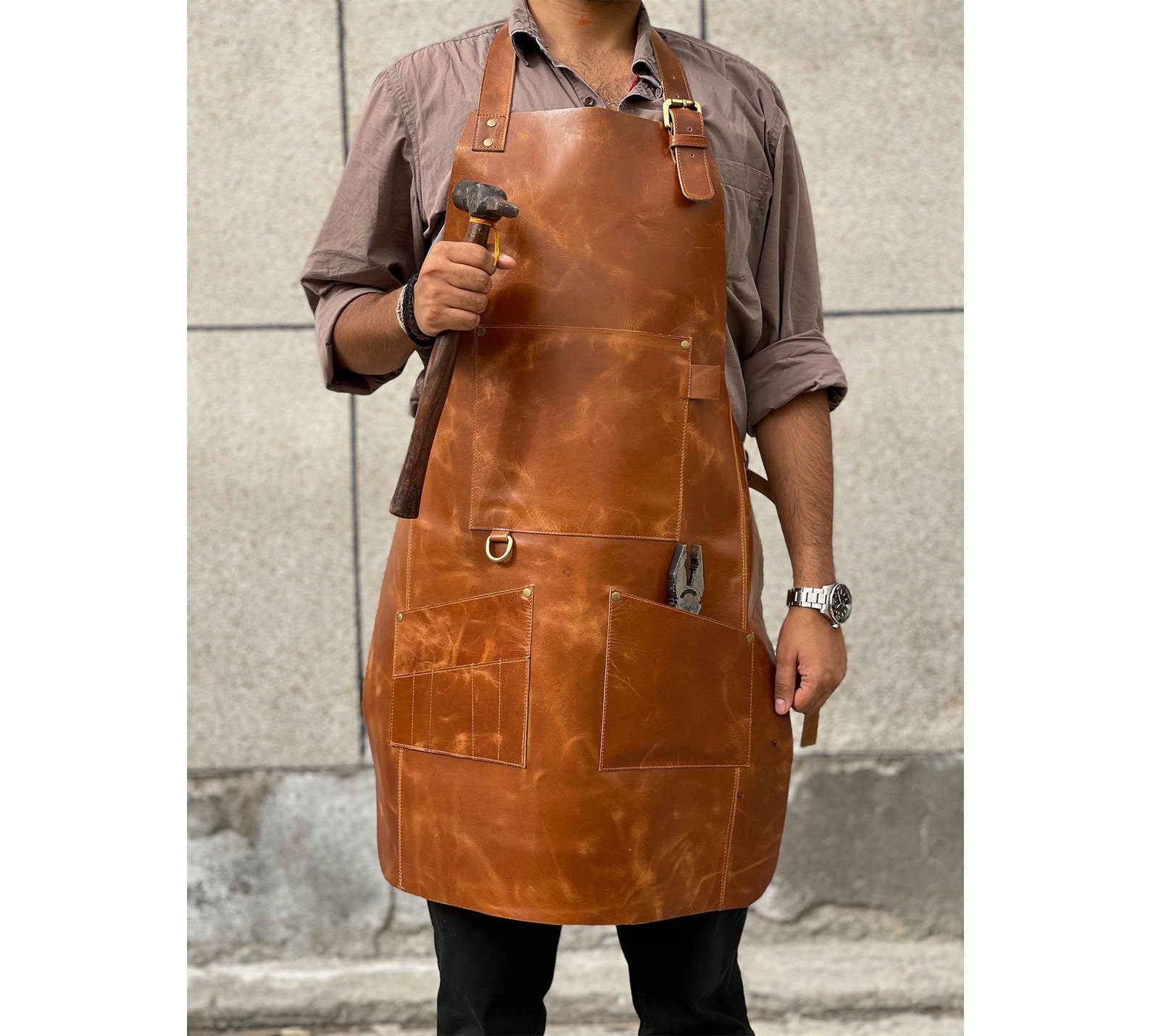 Brown Leather Apron For Men Grilling Bbq Barbecue Apron Etsy 