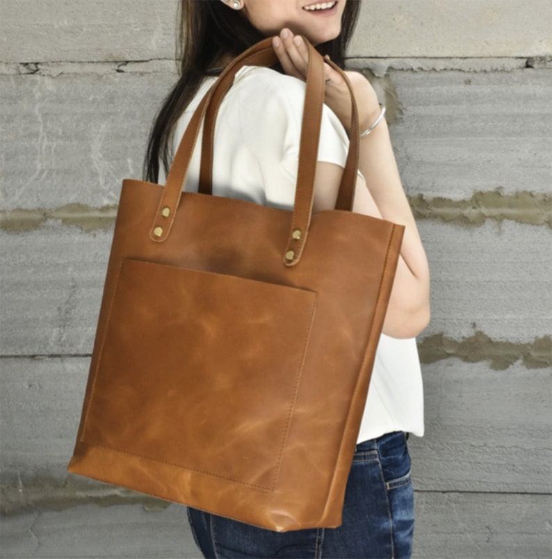 Brown leather tote bag for woman large work purse shopper bag handmade office bag gift for mothers day gift for mom girlfriend personalize image 5