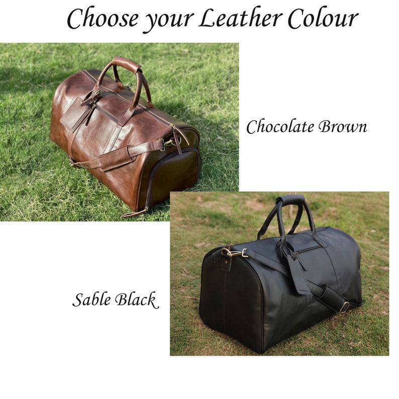 Op de afbeelding: Twee leren reistassen, een bruine en een zwarte. De bruine tas is gelabeld "Chocolate Brown" en de zwarte tas is gelabeld "Sable Black".