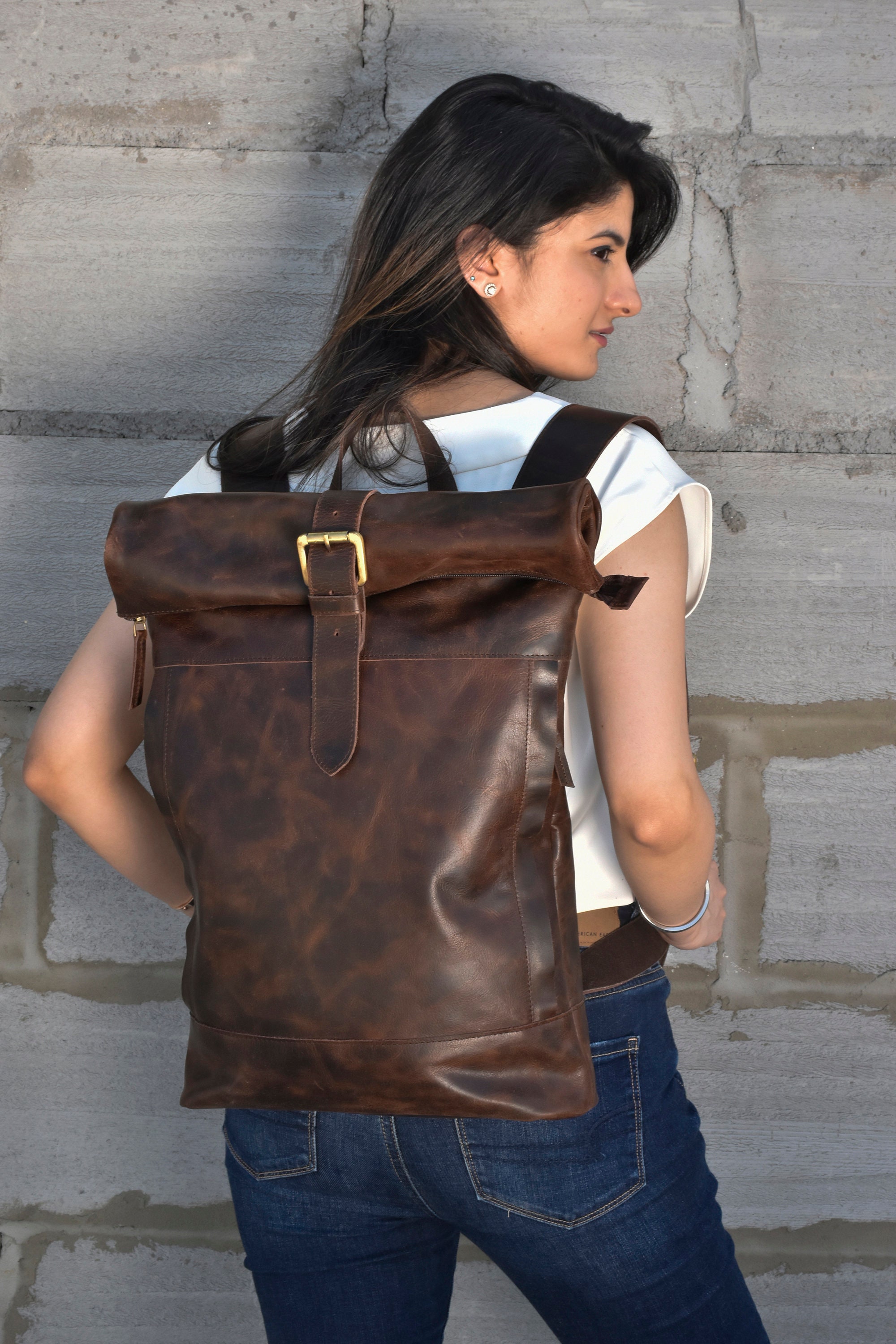 Mens leather roll top backpack sale
