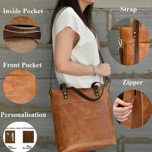 The leather tote bag comes with an external large pocket. The bag is available in 3 colours - tan, black and brown. The tan and black bag comes with a contrasting handles of brown colour. The inside of this handbag has two pockets.